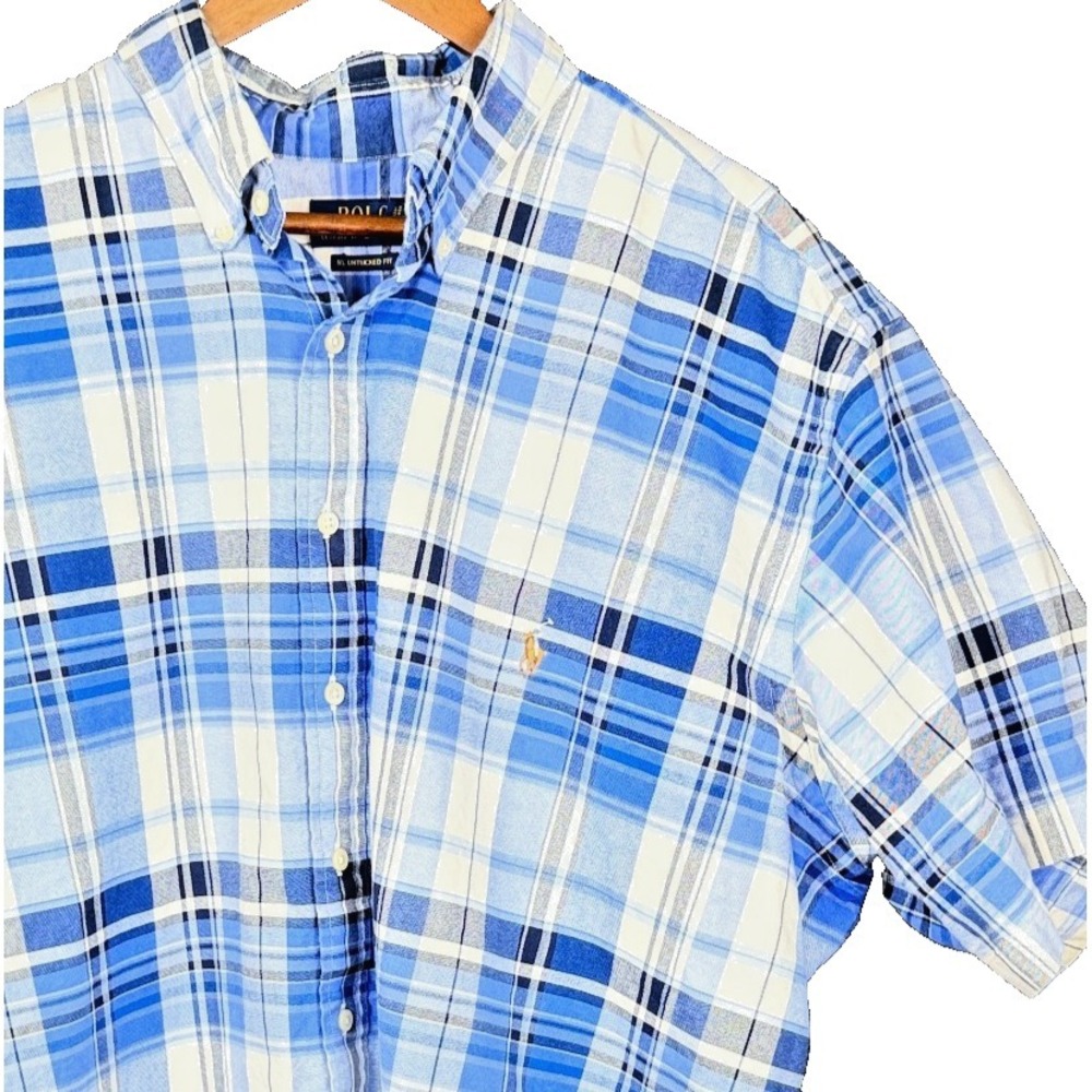 Polo Ralph Lauren Plaid Short Sleeve Button Shirt 2XB Blue White Untucked Fit